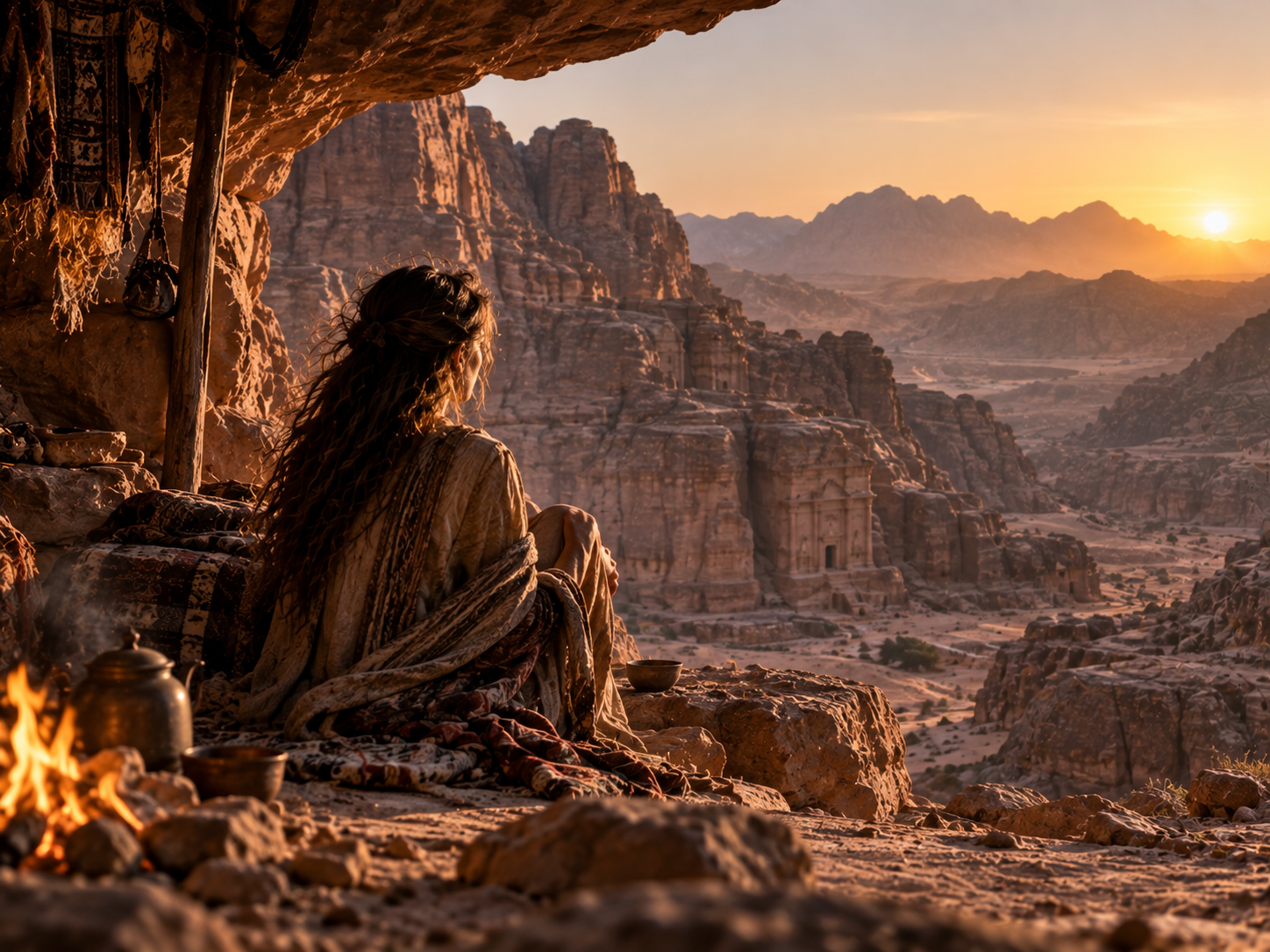 Vrouw kijkt vanaf een rotsplek uit over Petra bij zonsondergang