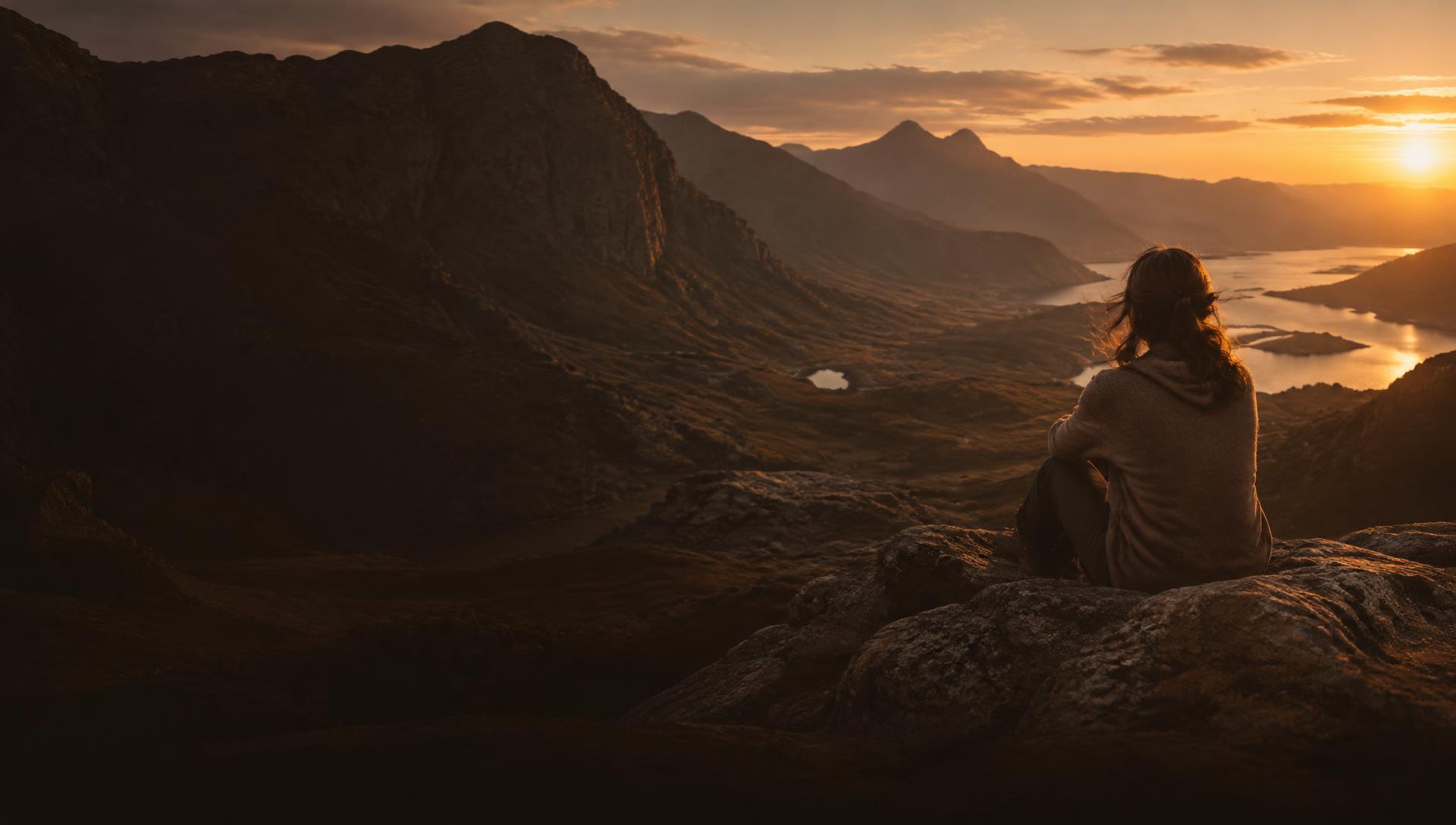 Vrouw kijkt bij zonsondergang uit over een weids berglandschap